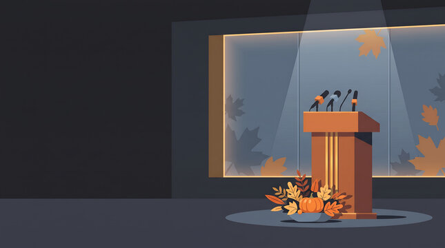 Cartoon Cat Speaking At Podium Event.