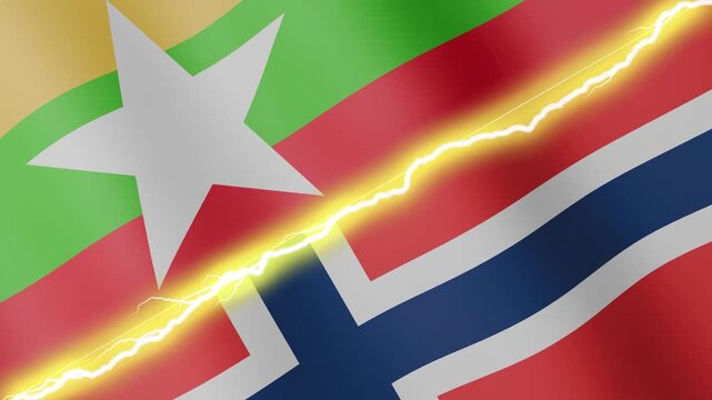 Two waving flags Myanmar and Norway with diagonal lightning seamless, 4k loop