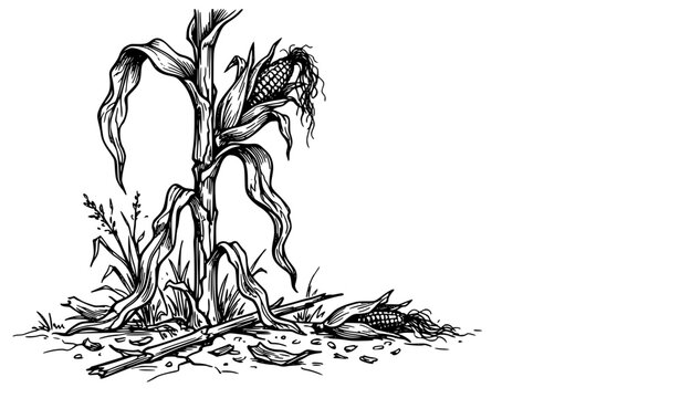 Withered Corn Plant Biblical Parable Hand Drawn Ink Illustration