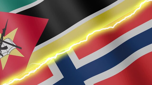 Two waving flags Mozambique and Norway with diagonal lightning seamless, 4k loop