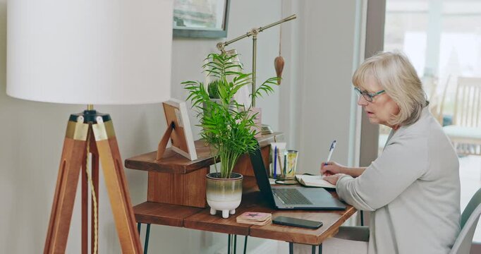 Writer, author and senior woman writing doing remote work or planning retirement, schedule and taking notes. Idea, story and elderly person or worker journal in a notebook, story or novel book