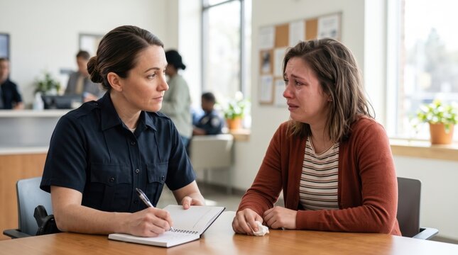Officer taking report from victim in police station with emotional conversation and note-taking. Officer listens attentively while victim shares experience during police report.
