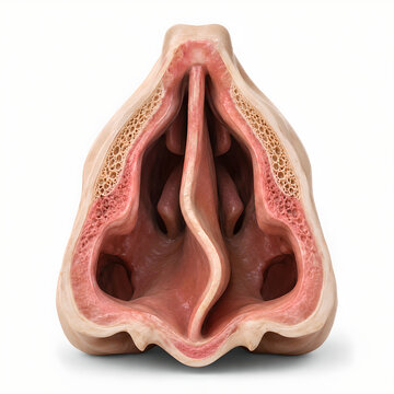 Deviated nasal septum and nasal cavity anatomy 3D medical render, isolated cross section showing moderate septal deviation for healthcare design, medical education, radiology, and patient education