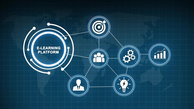 Digital e-learning platform concept featuring animated global network connections, educational technology business growth analytics, and interactive virtual training modules for modern online