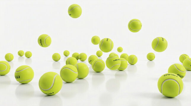 Many yellow tennis balls bouncing and rolling on a clean white studio background
