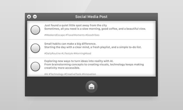 Social media post mockup UI frame showing modern feed layout with text placeholders and profile icons