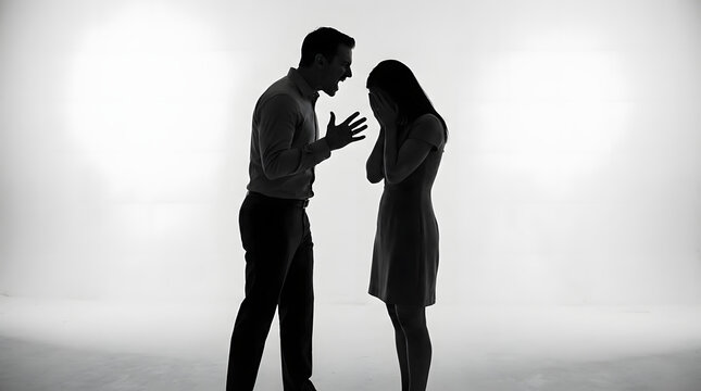 Silhouette of Man and Woman Engaged in Conflict or Serious Conversation