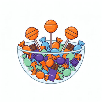 Colorful Candy Bowl with Lollipops Illustration.