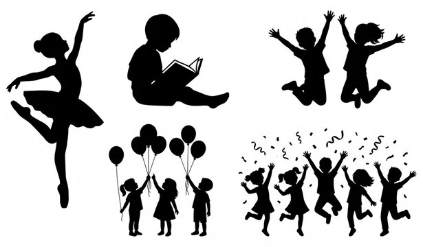 Untitled design - 1Childhood Activities Ballerina Reading and Happy Kids Black Silhouette Vector Set