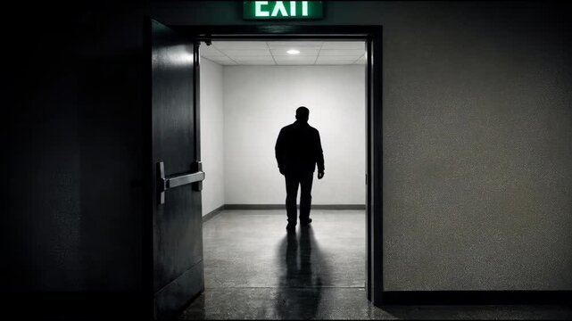 A person leaving a structure with a clear exit path indication