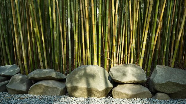Bamboo Forest Wall with Stones and Gravel Path