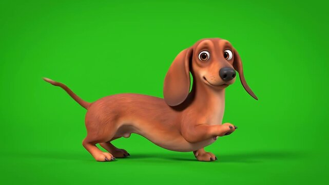 Happy 3D Dachshund Cartoon Character Wagging Tail on Green Screen