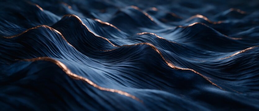Navy blue silk waves with golden highlights for ultrawide wallpaper