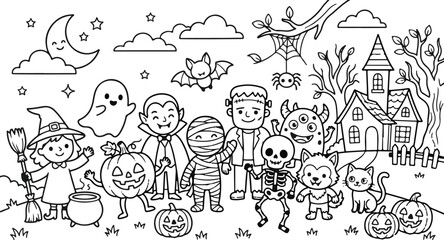 Fototapeta premium Black and white coloring page for children featuring cute halloween characters standing in front of a haunted house