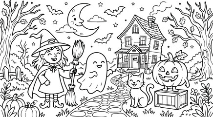 Fototapeta premium Charming halloween scene with a witch ghost black cat and spooky haunted house