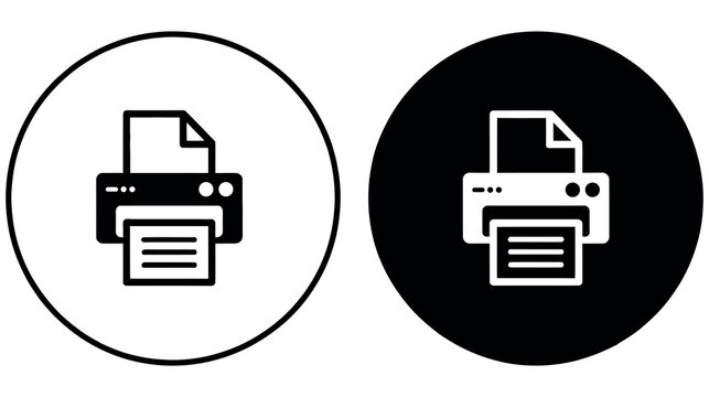 Minimalist printer icon set with black and white circular buttons for digital interface design.