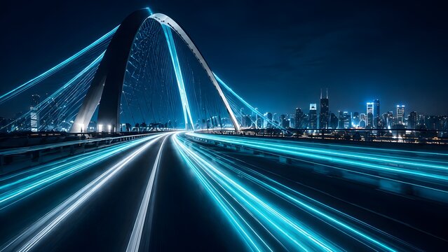 High speed data transfer concept with glowing blue light trails on modern city bridge representing fast internet fiber optic network and transportation