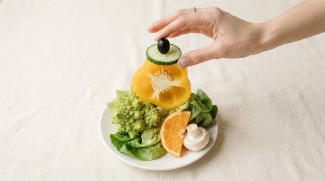 A hand placing a slice of cucumber and a black olive on top of a yellow bell pepper, surrounded by romanesco broccoli, orange slice, and mushroom on a white plate world vegan day