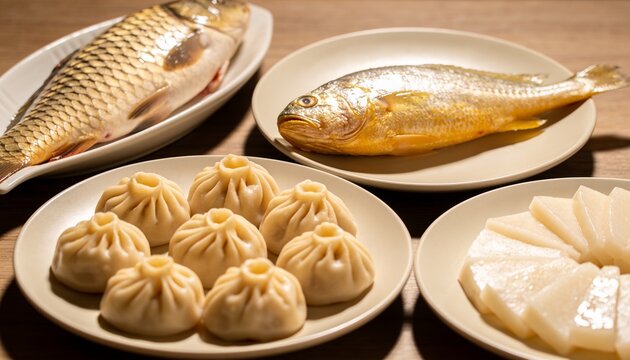 Traditional Chinese New Year reunion dinner with steamed dumplings, whole yellow croaker fish, and rice cakes on a wooden table, Asian culinary heritage and festive feast