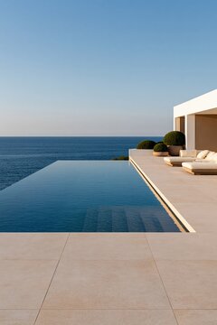 Infinity edge pool with modern villa lounge by the ocean background for luxury resort wallpaper and coastal design
