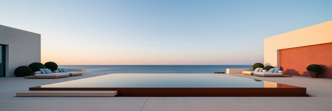 Symmetrical infinity pool with modern villa and warm accent wall by the sea for poster and background design
