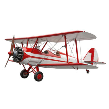 Vintage red and white biplane aircraft side view isolated on transparent background