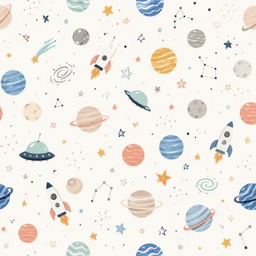 Cute Space Seamless Pattern with Planets and Rockets