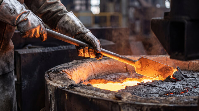 Close-up of gloved hands using a long tool to remove slag from glowing molten metal. Hot metallurgy and steel refining process.