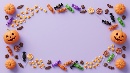 Fototapeta premium Flat lay arrangement of halloween candy and jackolantern pumpkins on a light purple background