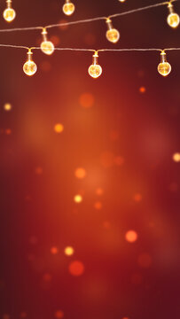 shiny string light bulbs isolated on festive red blurred background with copy space for vertical social media format