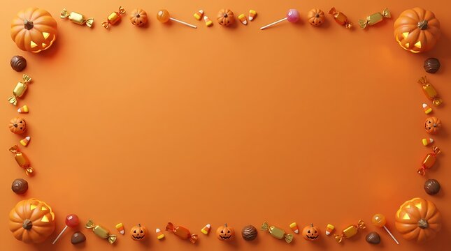 Flat lay halloween frame border with pumpkins and candy on orange background