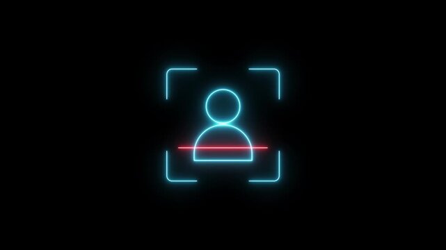 Futuristic biometric facial recognition scanning HUD interface with glowing neon user icons on black background