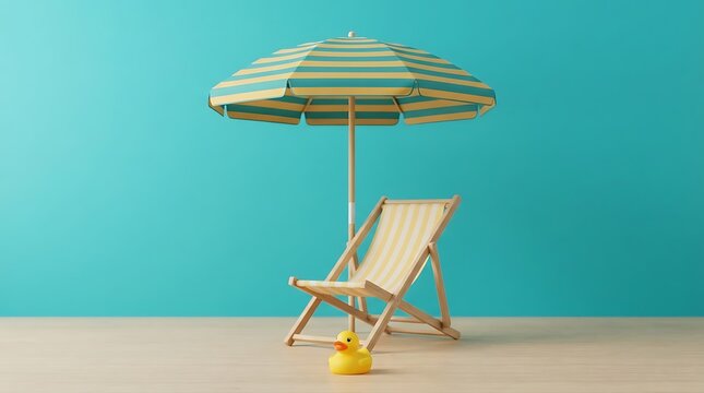 Minimalist beach scene with umbrella and deck chair against a vibrant turquoise background