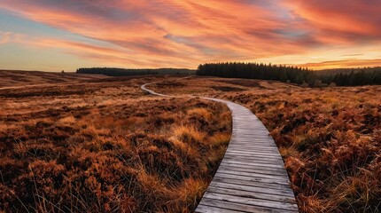 Obraz premium Winding boardwalk path through moorland landscape at dramatic sunset