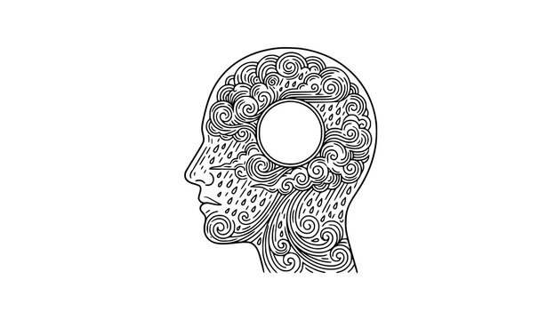 Inner Storm and Emotional Struggle Concept, Finding Peace Inside a Troubled Mind, Mental Wellness Black and White Vector Illustration