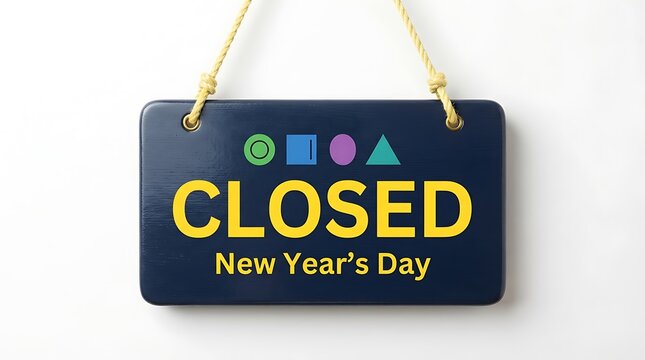 Closed new years day sign hanging from ropes on a white background