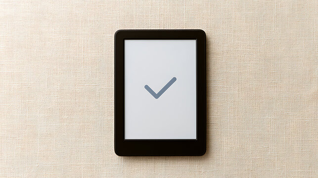 Digital ebook reader device with check mark icon on screen placed on textured beige background surface for modern technology concept photo