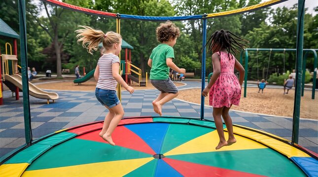 Three Children Jumping on Trampoline at Playground