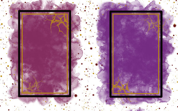 Two rectangles with black and gold lunes. For background use. Transparent. Purple and indigo digital watercolor as background. Gold and purple splatter.