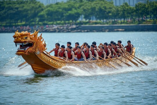 Colorful dragon boat with team paddling vigorously in water race, ornate dragon head in foreground