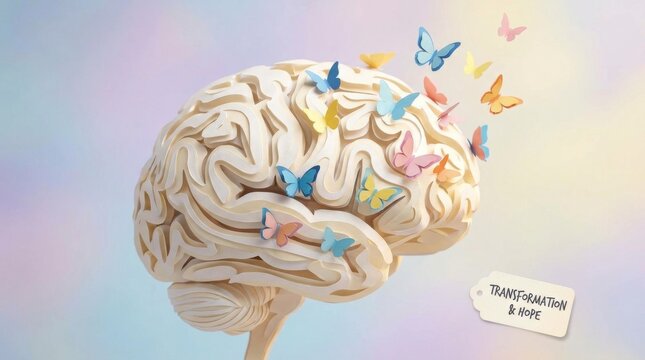 Human Brain with Colorful Origami Butterflies Flying for Creative Mind