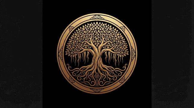 Luxury gold banyan tree beringin logo with detailed roots and leaves inside ornamental circle frame. Elegant metallic gradient gold on black background. Symbol of strength, wisdom, growth and heritage