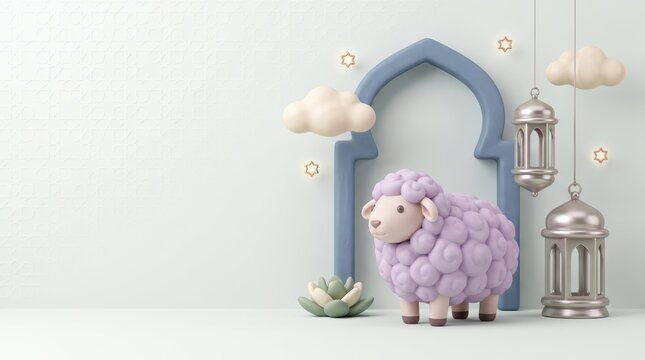 Adorable purple sheep in Ramadan decor with lanterns and clouds