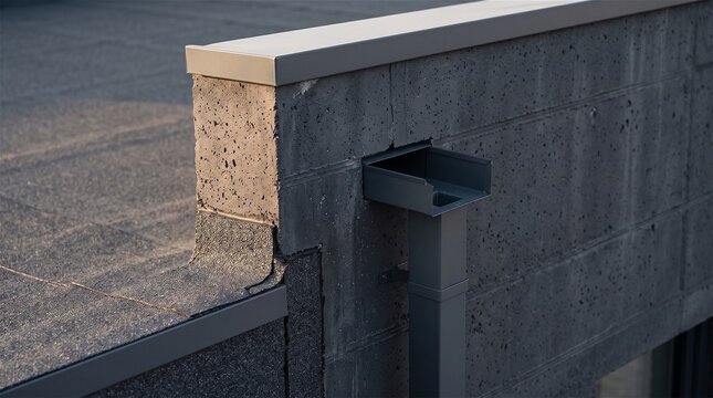 Anthracite Roof Scupper on Modern Concrete Block Wall