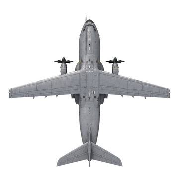 Top view of a twin-engine military cargo aircraft isolated on transparent background