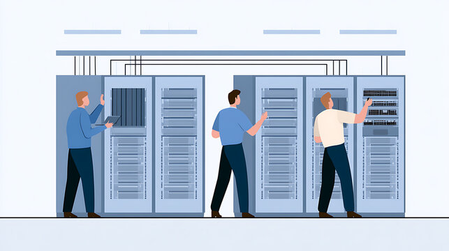 Vector illustration of three technicians maintain server rack equipment in data center, cloud storage management concept for corporate website