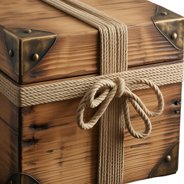 Old rustic wooden treasure chest box tied with a thick natural jute rope and bow knot isolated on transparent background