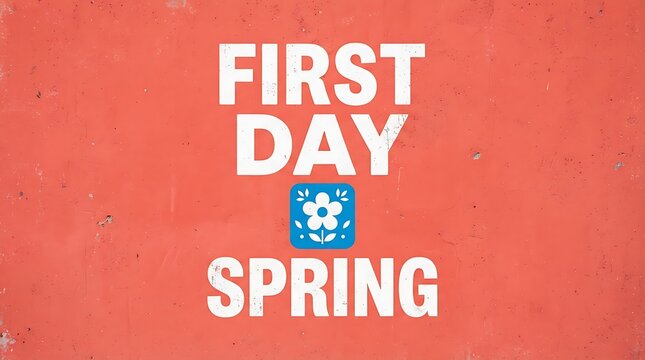 First day of spring text with floral design on a warm coral background