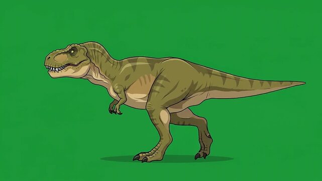 Flat vector illustration of a T-Rex walking in side profile , centered in frame against a solid, evenly lit pure green screen background