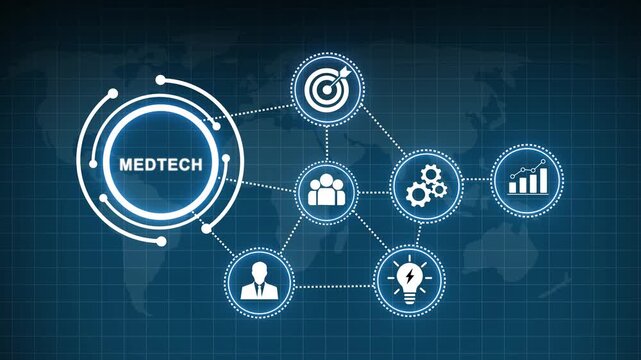 Med tech digital network concept featuring interconnected medical technology global healthcare data analytics, futuristic blue hud interface, innovation strategy, and modern clinical solutions
